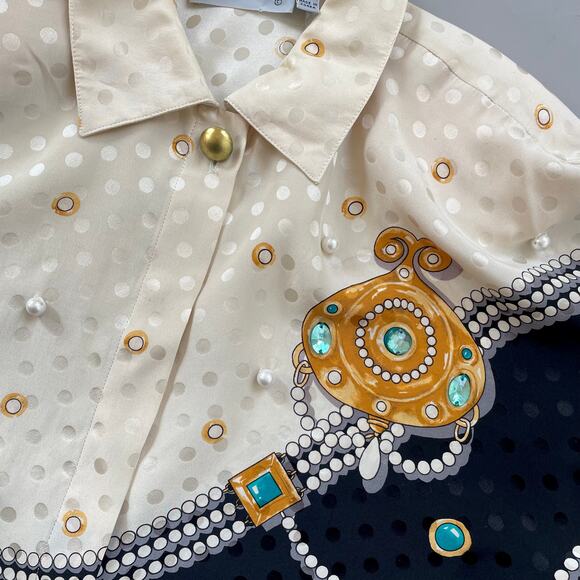 Trompe L'Oeil 80s Status Print Jewel Silk Jacquard Button Front Vintage Blouse - Picture 6 of 9